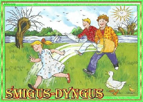 Boys sprinkle water over the girls they like. Zapach słów pisanych: Śmigus-dyngus | Tomi, Lany, Illustration
