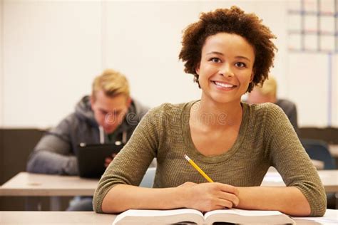 Female High School Student Studying At Desk In Classroom Stock Image