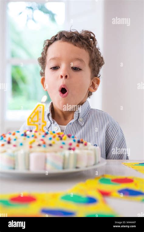 Boy Blowing Out Candles On Birthday Cake Stock Photo Alamy