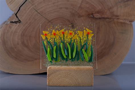 Fused Glass Textured Daffodil Flower Sun Catcher With Stand Floral Art By Painintheglassbygail