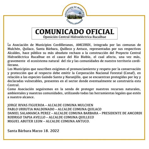 Comunicado Oficial Amcordi Municipalidad De Quilleco