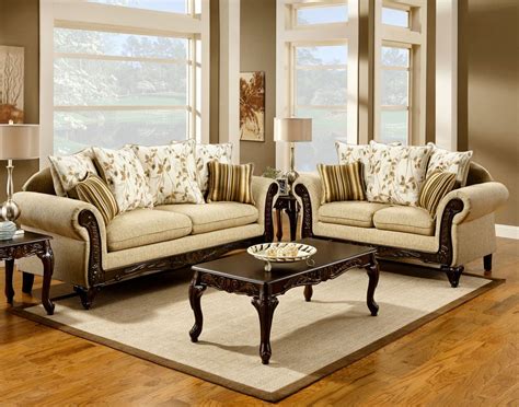 Sm7435 2 Pc Doncaster Tan Fabric Sofa And Love Seat Set With Wood Trim