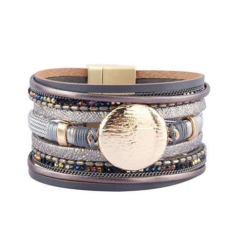 JAOYU Leather Cuff Bracelet For Women Rhinestone Wrap Bead Bracelets