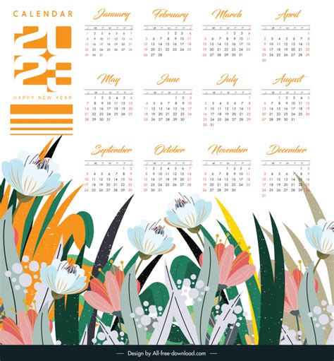 Calendar 2023 Background Template Elegant Flowers Design Vectors