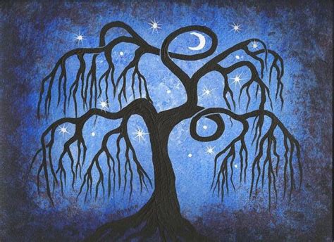 Original Acrylic Painting Blue Willow Tree Moon Stars Tree Etsy