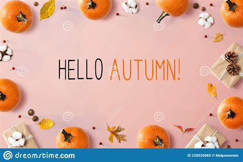 Hello Autumn Message With Autumn Pumpkins With Present Boxes Stock