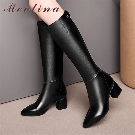 Meotina Winter Knee High Boots Women Natural Genuine Leather Thick High Heel Long Boots Zipper