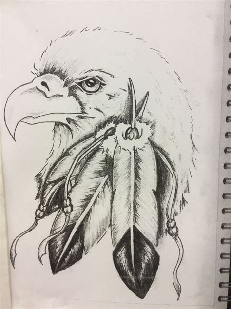 Native American Style Eagle With Feathers And Beads Pencil Drawing