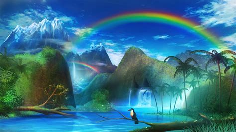 Wallpaper Landscape Waterfall Anime Nature Sky Earth Mount Scenery Tree Rainbow