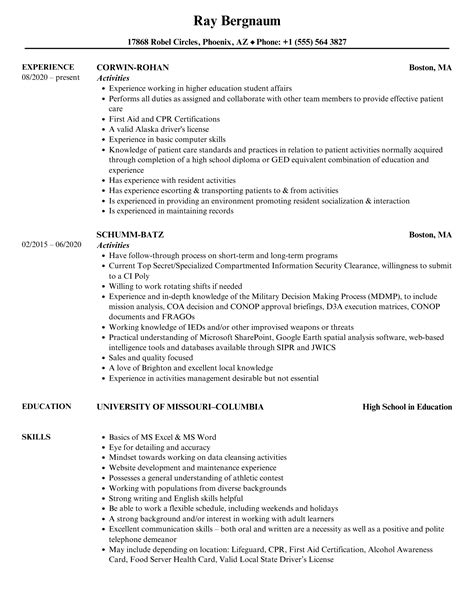 Activities Resume Samples Velvet Jobs