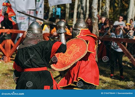 Knights Fight With Swords And Shields In Front Of The Public Editorial