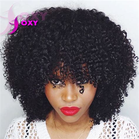 150 density short kinky curly wigs with bangs brazilian human hair afro kinky curly full lace