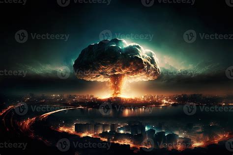 Mushroom Cloud In Night Sky Over City After Atomic Bomb Detonation