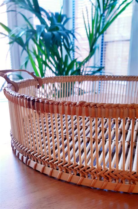 Round Bamboo Serving Tray Set Of With Leather Handles Etsy