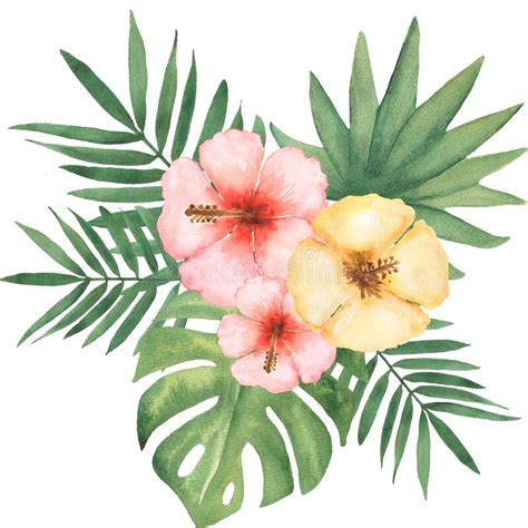 watercolor tropical florals bouquet illustration green tropic leaves wreath monstera leaf