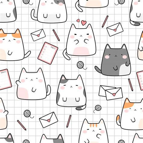 Cute Cat Kitten On Grid Cartoon Doodle Seamless Pattern Kitten