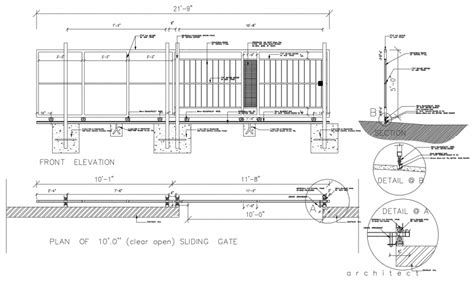 Metallic Sliding Gate Constructive Section And Structure Cad Drawing