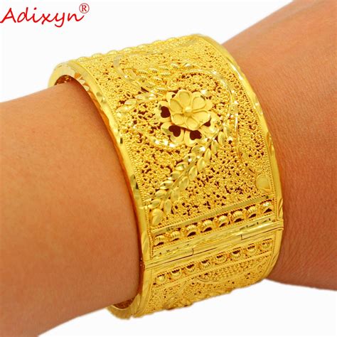Adixyn Dubai Gold Bangles For Women Flower Shape Cuff Bracelet African Jewelry Wide 4cm Arab