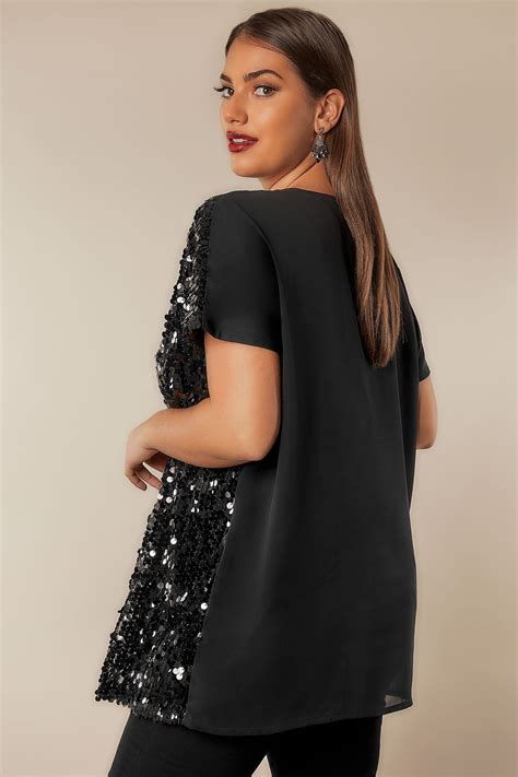 Black Disc Sequin Cape Top Plus Size 16 To 32