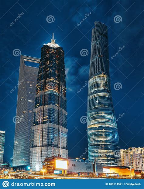 Night View Skyscrapers City Building Of Pudong Shanghai China