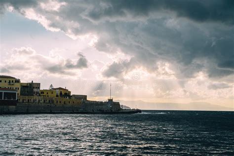 Panorama Venetian Harbour Waterfront And Lighthouse In Old Harbour Of