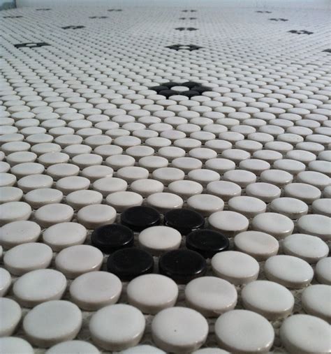 White Penny Tile With Black Mosaic Flower Penny Tile Penny Tile