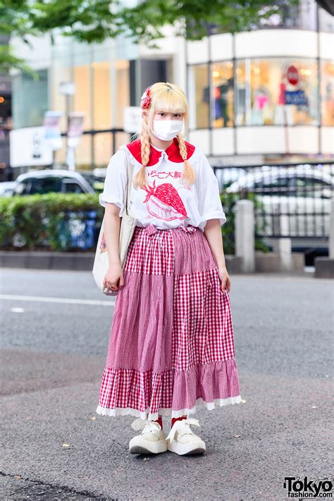harajuku girl gingham style w decotoland shirt amatunal gingham skirt tokyo bopper sneakers