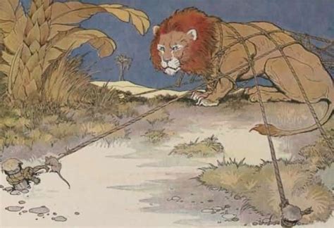 Seekor tikus kecil secara tidak sengaja berjalan di dekatnya, dan setelah tikus itu sadar (2) sang singa menjadi terbangun dan dengan sangat marah menangkap makhluk kecil itu dengan cakarnya yang sangat besar. Kisah singa dan tikus | Dunia cerita dan Game