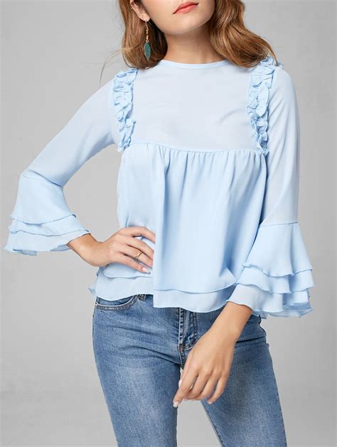 2018 Flare Sleeve Tiered Chiffon Ruffle Blouse In Light Blue S
