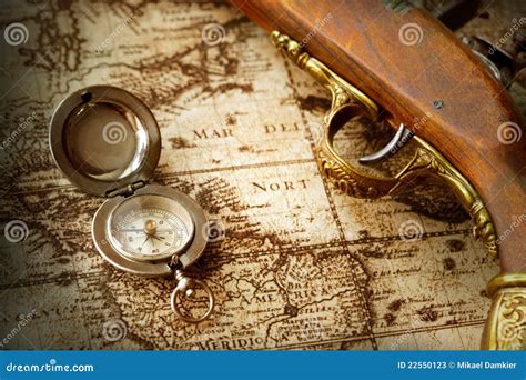 Old Compass On Vintage Map Stock Image Image Of Retro 22550123
