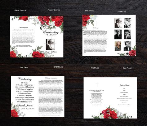 Red Roses And Cross Funeral Program Template 8 Page Bi Fold Template