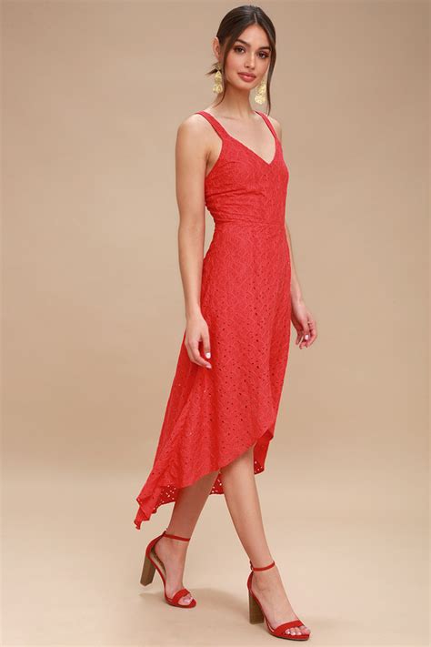 Joa Red Lace Midi Dress Tulip Hem Dress Ruffled Dress Lulus
