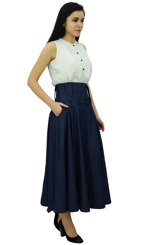 bimba mid calf high waist denim skirt long flared a line retro boho skirts