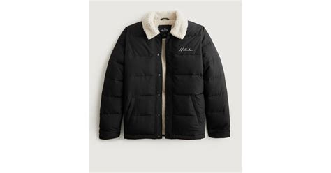 hollister sherpa lined puffer jacket in black for men lyst uk