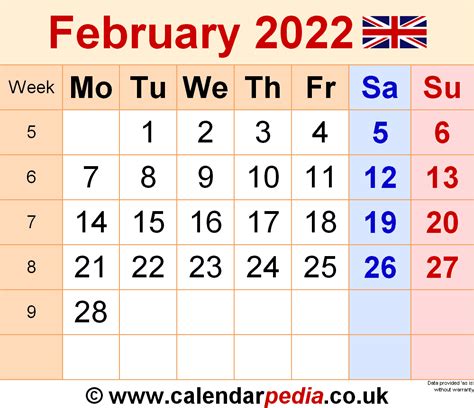 Calendar February 2022 Uk With Excel Word And Pdf Templates
