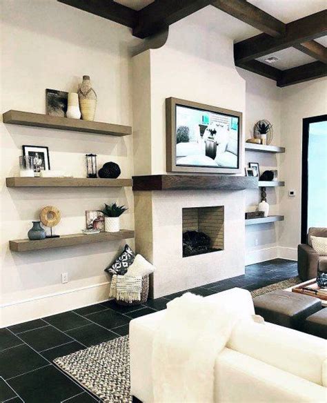 Unique Television Wall With Fireplace And Wood Shelves Living Room Wall