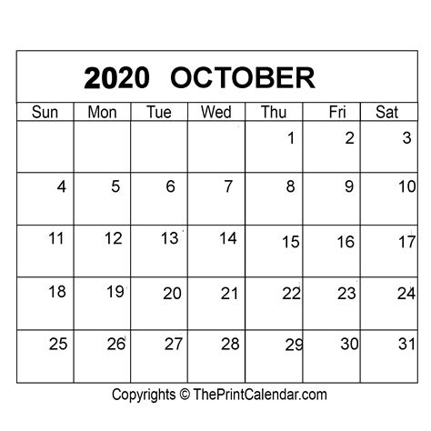 Printable October 2020 Calendar Pdf Word Excel Printable Calendar