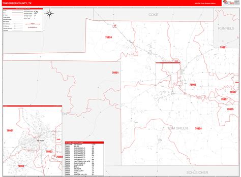 Tom Green County, TX Zip Code Wall Map Red Line Style by MarketMAPS