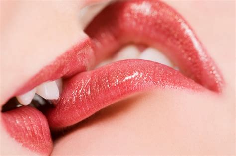 Women Biting Lip Kissing Lesbians Lips Closeup Juicy Lips Model