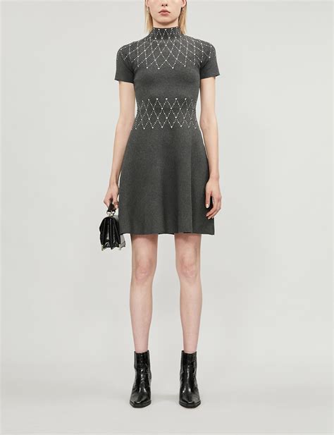 Sandro Leather Stud Patterned High Neck Knitted Mini Dress In Gray Lyst