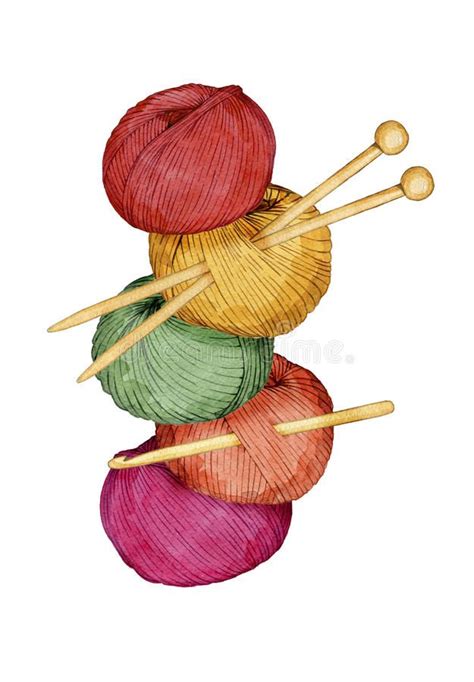 Hand Drawn Watercolor Tower Of Colorful Balls Of Yarn With Knitting Needles And Sponsored