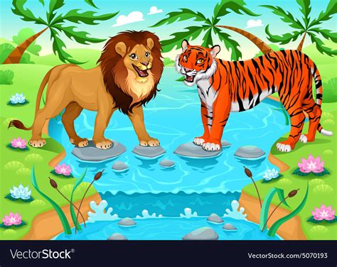 Lion And Tiger Together In Jungle Royalty Free Vector Image