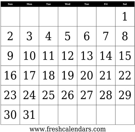 31 Days Blank Calendar Template Bold Printable Calendar Numbers