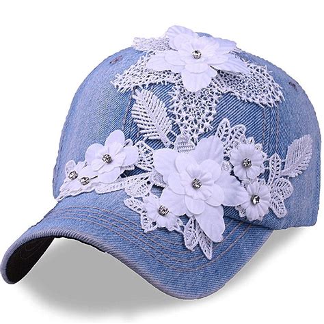 Women S Sequins Flower Baseball Hat Cotton Sun Caps Light Blue