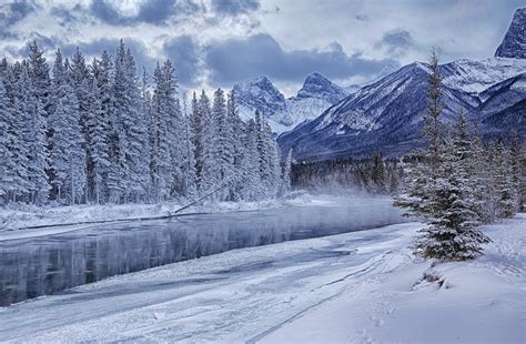 Canada Mountains Winter Scenery Snow Trees Bow River Nature Wallpaper