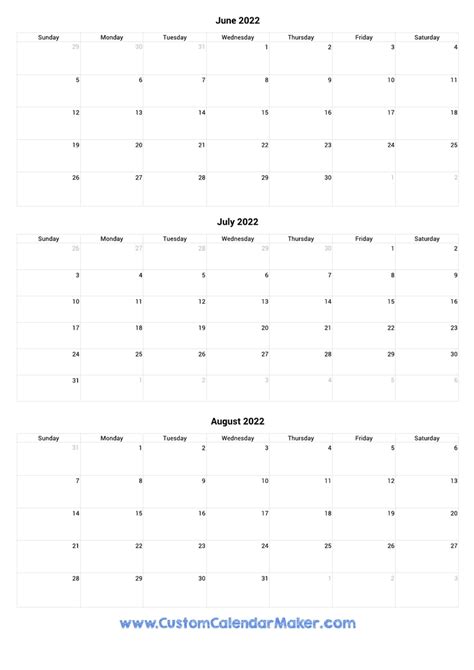 June To August 2022 Printable Calendar