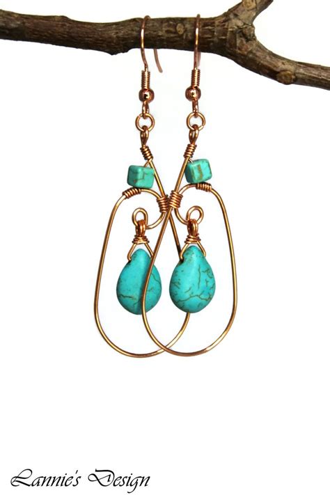 Turquoise Teardrop Dangling Earrings Copper Wire Wrapped Etsy