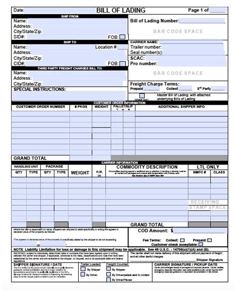 Free Bill Of Lading Templates Excel Pdf Formats