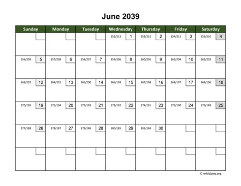 June 2039 Calendar With Day Numbers