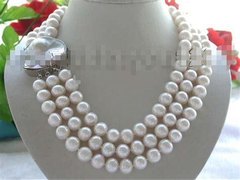 3rows 20 Genuine Natural 12mm Rould White Pearl Necklace Mabe Clasp